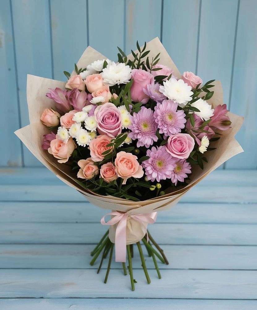 Букет цветов из: Хризантемы, Розы и Альстромерии в Колюбакино