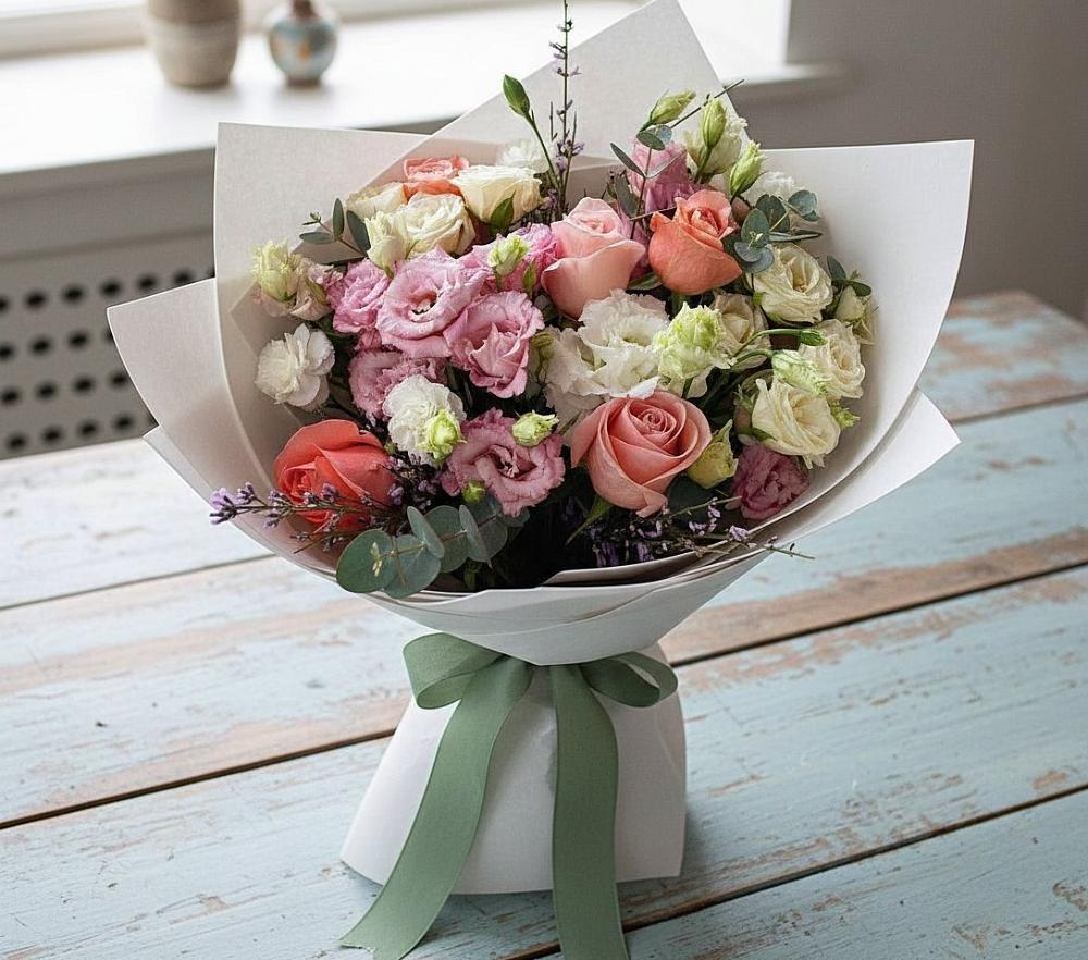 Букет цветов из: Розы, Лизиантусы и Гвоздики в Колюбакино