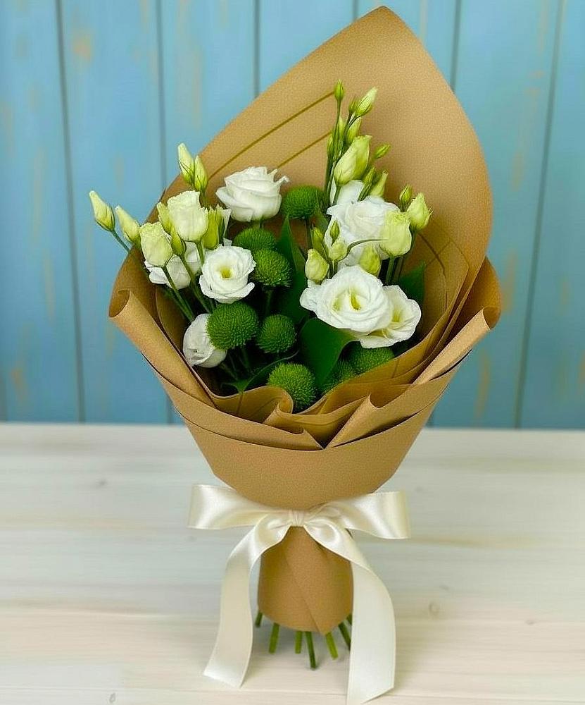 Букет цветов из: Хризантемы и Лизиантусы в Колюбакино