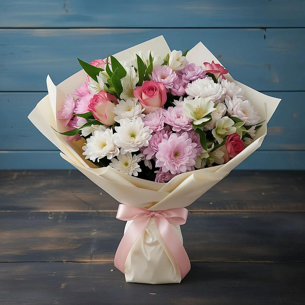 Букет цветов из: Хризантемы, Альстромерии и Розы в Колюбакино